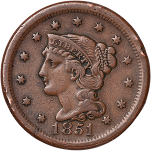 1851 Braided Hair Large Cent, Normal Date Main Image