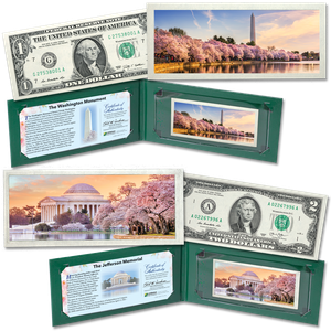 Colorized Monuments $1 & $2 Federal Reserve Note Set Main Image