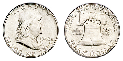 Obverse and reverse of an Uncirculated 1948 Franklin half from Philadelphia