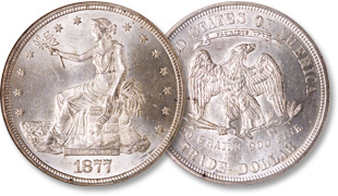 [photo: Short-lived U.S. Trade dollars contained more silver than regular-issue dollar coins]