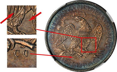 [photo: Identifying characteristics of Reverse A die include clash marks on the shield and below the eagle's right wing, and the position of the Large CC mint mark.]