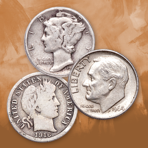 US dimes, which date from 1796, were struck in 89-90% silver until 1964, and in clad copper-nickel ever since.