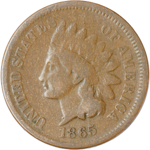 1865 Indian Head Cent, Variety 3, Bronze, Plain 5 G Main Image