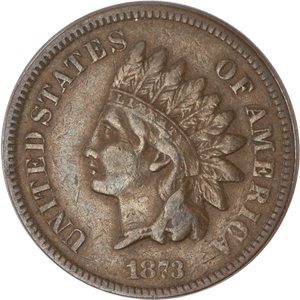1873 Indian Head Cent, Variety 3, Bronze, Open 3 VF Main Image