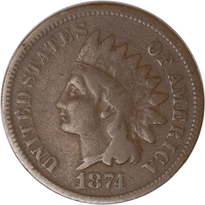 1874 Indian Head Cent, Variety 3, Bronze VG Main Image