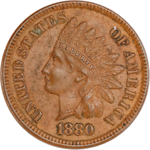 1880 Indian Head Cent, Variety 3, Bronze AU50 Main Image