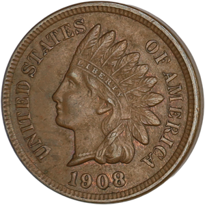 1908 Indian Head Cent, Variety 3, Bronze AU50 Main Image