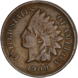 1908 Indian Head Cent, Variety 3, Bronze VF#2 Main Image