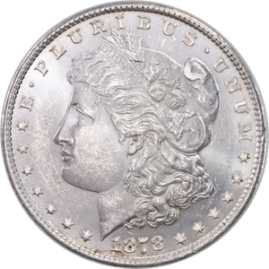 1878 Morgan Silver Dollar, 7 Feathers, 3rd Reverse AU55 Main Image