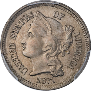 1871 Nickel Three Cent Piece PCGS   M64+ Main Image