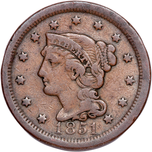 1851 Braided Hair Large Cent, Normal Date