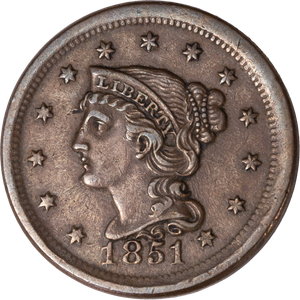 1851 Braided Hair Large Cent, Normal Date