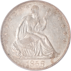 1858 Lib Seated Silver 50C No Motto AU55 Main Image