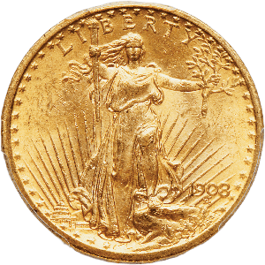 1908 Saint-Gaudens $20 Gold, No Motto MS63 Main Image