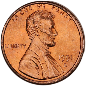 1991-D Lincoln Head Cent MS60 Main Image