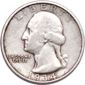 1934 Washington Silver Quarter, Medium Motto CIRC Main Image