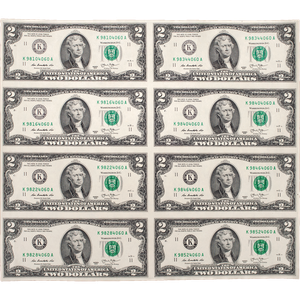 2013 Uncut Sheet of Eight $2 Federal Reserve Notes Main Image