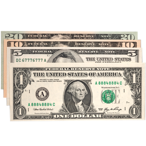 $1, $5, $10 and $20 Federal Reserve Notes, Binary Repeater Serial Numbers Main Image