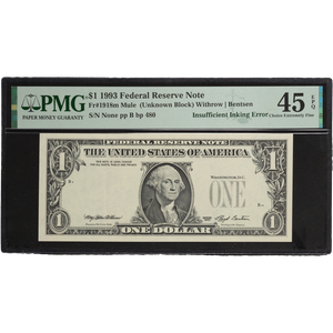 1993 $1 Federal Reserve Note, Mule Insufficient Inking Error Main Image