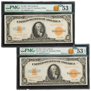 1922 $10 Gold Certificate Two Consecutive Serial Number Main Image