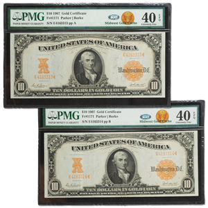1907 $10 Gold Certificate Two Consecutive Serial Numbers Main Image