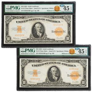1922 $10 Gold Certificate, 2 Consecutive Serial Numbers Main Image
