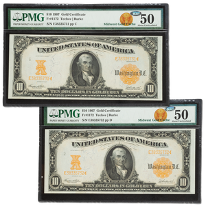 1907 $10 Gold Certificate Two Consecutive Serial Numbers Main Image