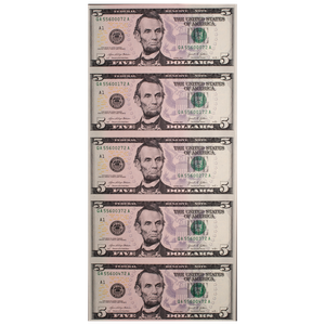 Uncut Sheet of Five Series 2021 $5 Federal Reserve Notes Main Image