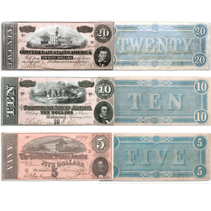 1864 Confederate States of America Note Set ($5, $10 and $20) Main Image