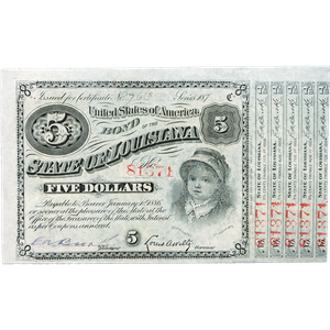 1880s Single Red-Serials $5 State of Louisiana Bond, Crisp Unused Main Image