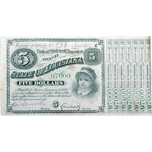1880s Single Green-Serials $5 State of Louisiana Bond, Crisp Unused Main Image