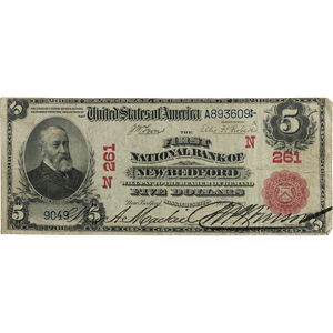 1902 $5 National Bank Note New Bedford, MA Charter #261 Main Image