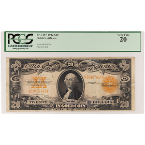 1922 $20 Gold Certificate LgSz PCGS VF20 Main Image