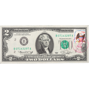 1976 $2 Federal Reserve Note First Day of Issue with Stamp Main Image