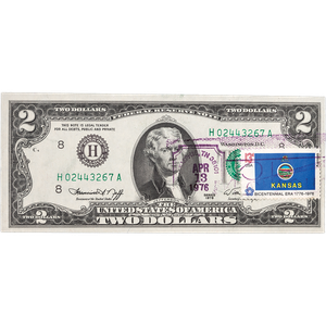 1976 $2 Federal Reserve Note 1st Day of Issue with Stamp, St. Louis Main Image