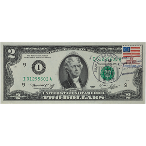 1976 $2 Federal Reserve Note 1st Day of Issue with Stamp, Minneapolis Main Image