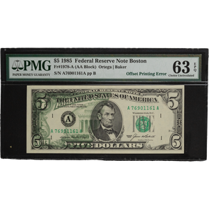 1985 $5 Federal Reserve Note, AA Block Offset Printing Error Main Image