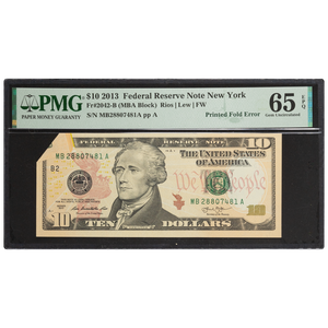 2013 $10 Federal Reserve Note, New York, MBA Block Printed Fold Error Main Image