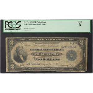 1918 $2 Fed Res Bank Nt Lg Sz PCGS  G6 Main Image