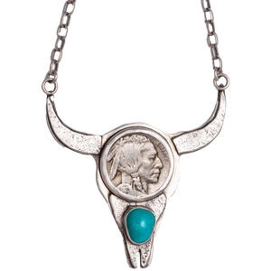 Buffalo Nickel Bison Skull with Turquoise Sterling Silver Necklace Main Image
