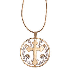 Cross with Flowers Cut Coin Necklace Main Image