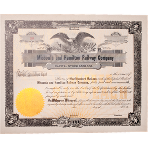 1910's Missoula & Hamilton Railroad $100 Stock Certificate Main Image