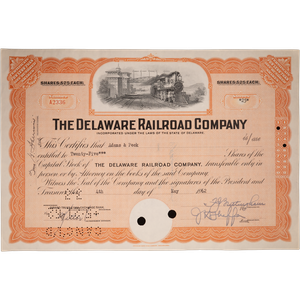 1930-1960's Delaware Railroad Company Stock with History Page Main Image