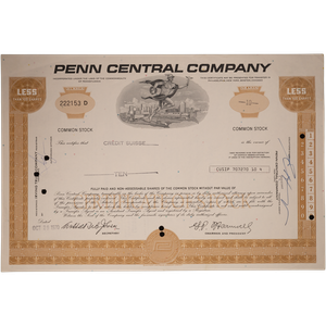 1960-1970's Penn Central Company Stock with History Page Main Image