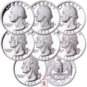 1992-1998 Complete "S" 90% Silver Washington Quarter Set (7 coins), Choice Proof, PR63 Main Image