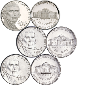 2007 PDS Jefferson Nickel Set (3-Coins), Uncirculated/Proof Main Image