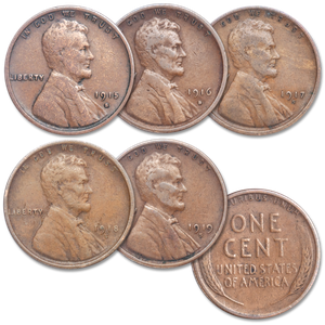 1915-1919 Five Consecutive “S” Mint Lincoln Wheat Cents Main Image