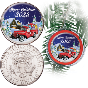 2023 Colorized Kennedy Half Dollar Santa in a Red Truck Ornament Main Image