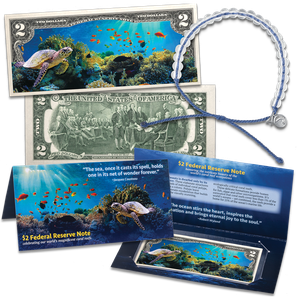 Colorized $2 Federal Reserve Note - Coral Reef with 4ocean Bracelet Main Image