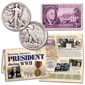 1945 WWII Liberty Walking Half Dollar & Stamp Set Main Image